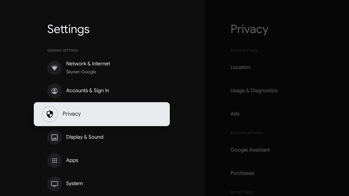 Google Chromecast with Google TV settings panel