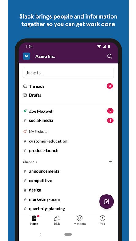 Slack Main Menu