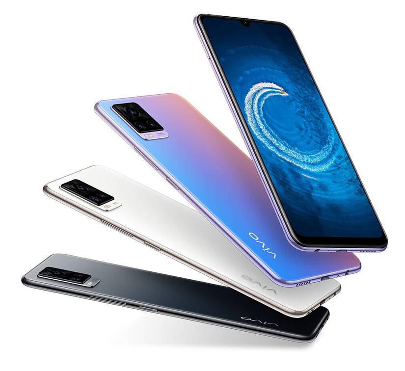 Vivo V20 in three color variants on white background