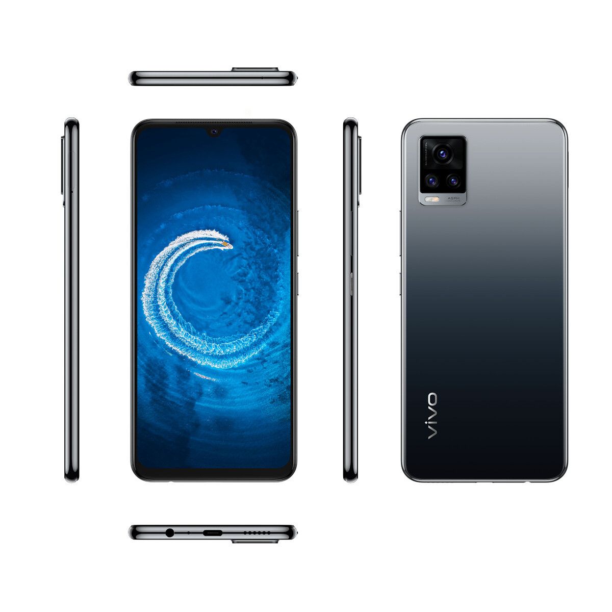 Black Vivo V20 in all angles on white background