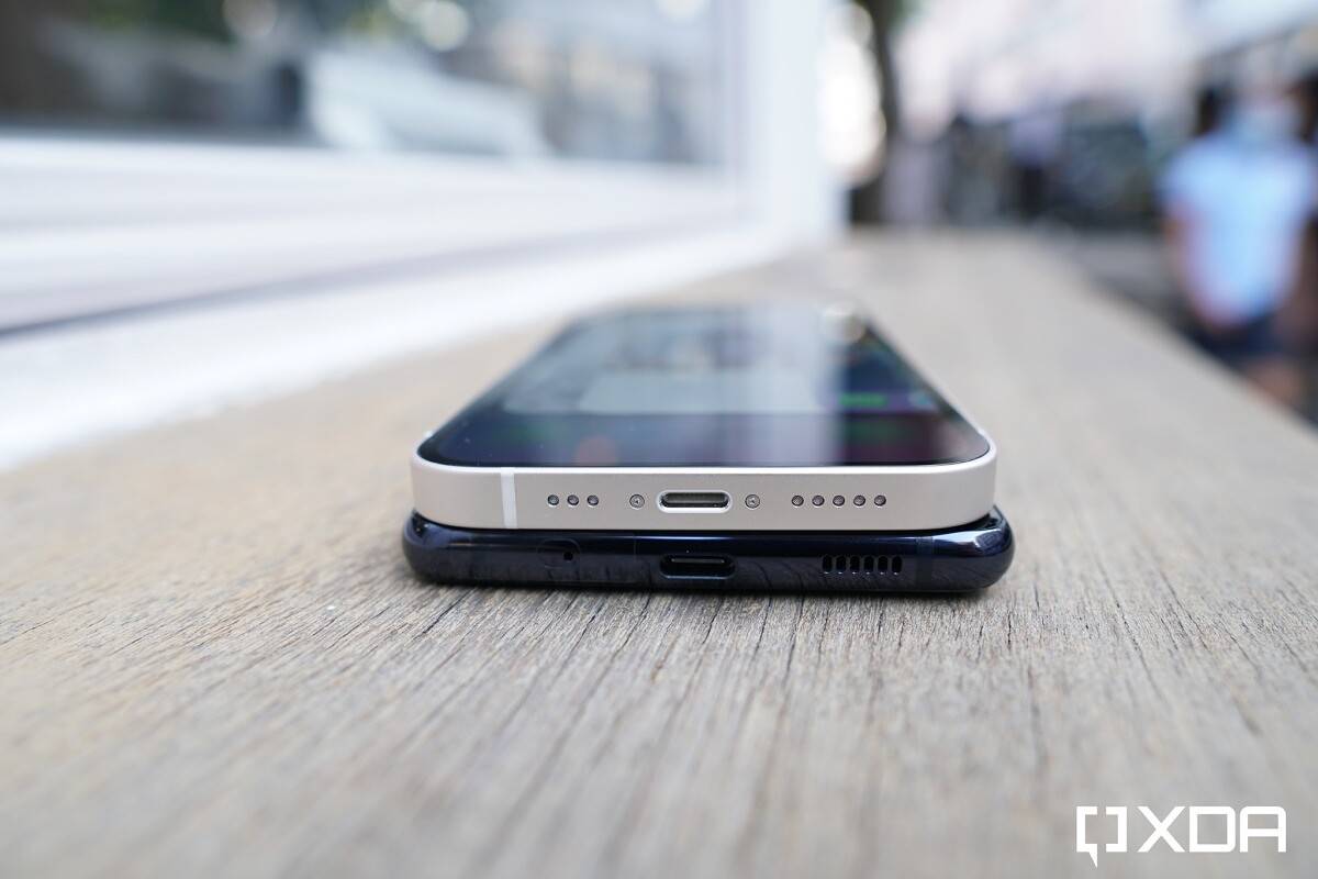 iPhone 12 and Galaxy S20 FE stacked on top of each other.