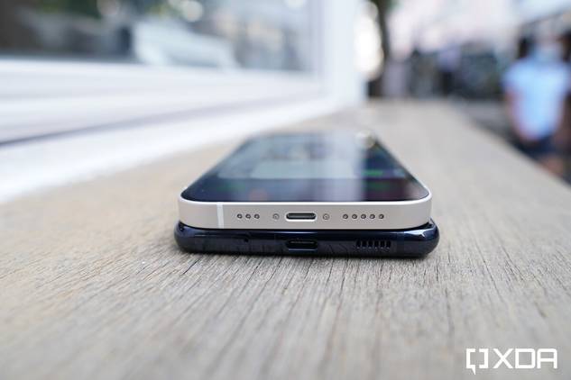 iPhone 12 and Galaxy S20 FE stacked on top of each other.