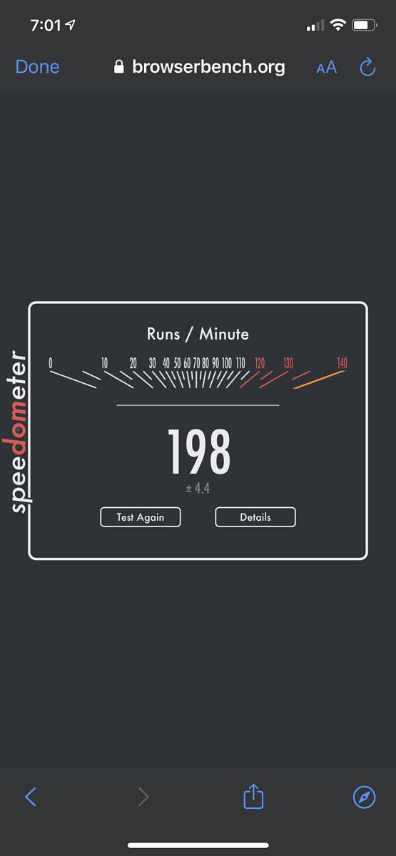 iPhone 12 benchmark in the Speedometer 2 app