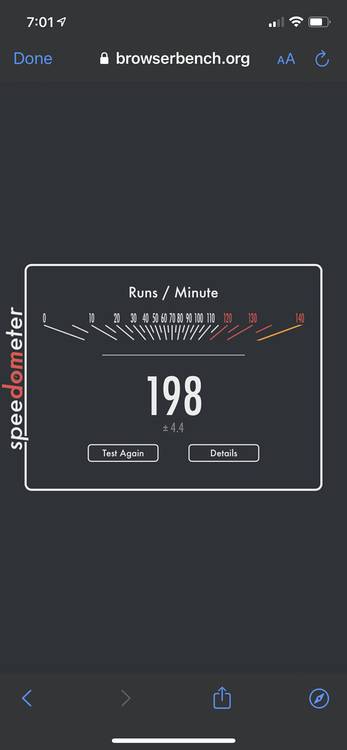 iPhone 12 benchmark in the Speedometer 2 app