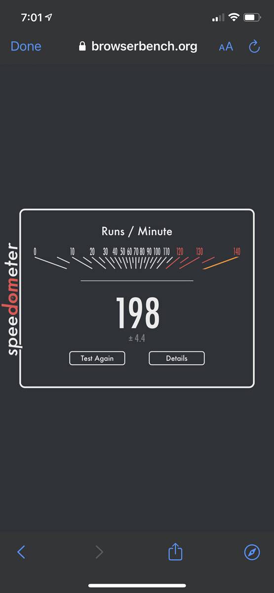 iPhone 12 benchmark in the Speedometer 2 app