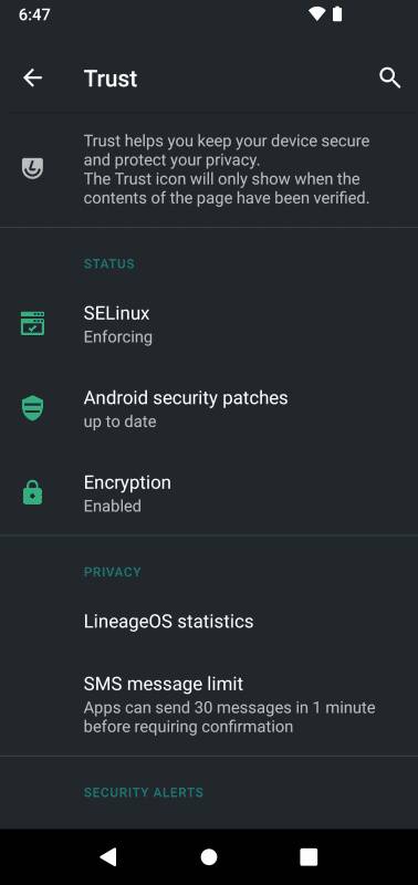 LineageOS 17.1 Trust menu showing SELinux, security patch, encryption status