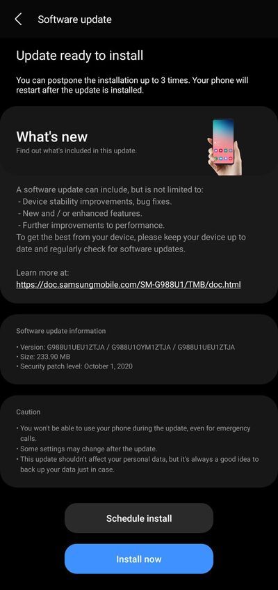 Snapdragon Samsung Galaxy S20 One UI 3.0 Beta 2 OTA