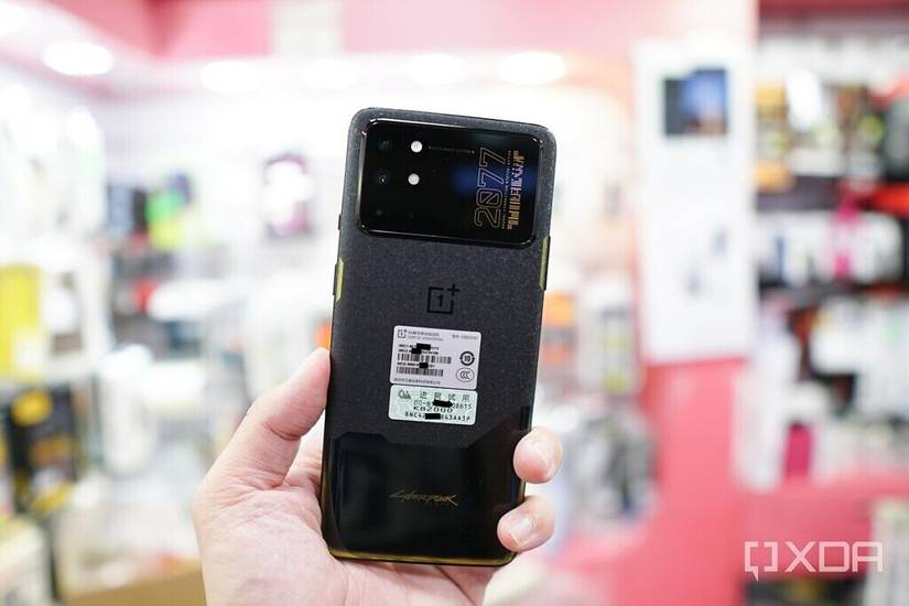 The unique back of the OnePlus 8T Cyberpunk 2077 Edition