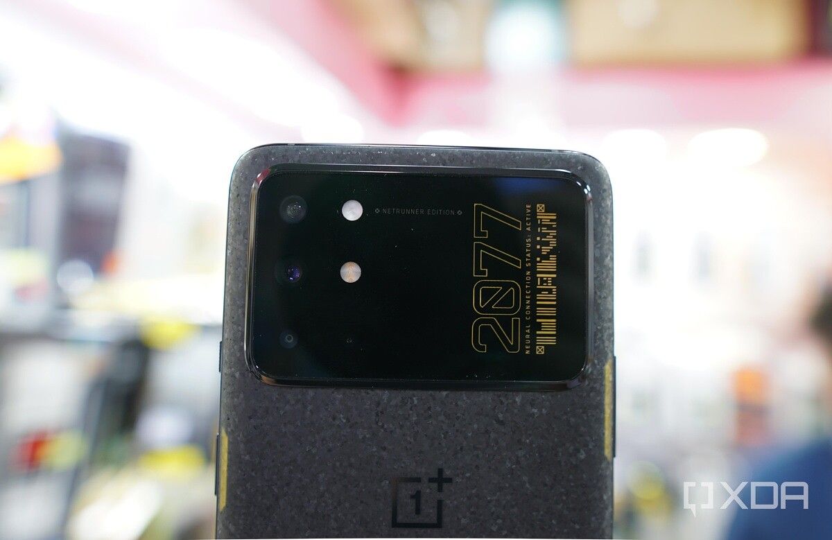 The unique back of the OnePlus 8T Cyberpunk 2077 Edition