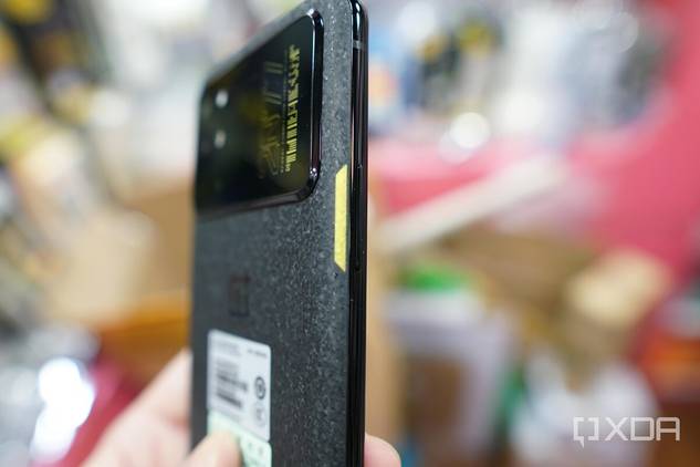 The unique back of the OnePlus 8T Cyberpunk 2077 Edition