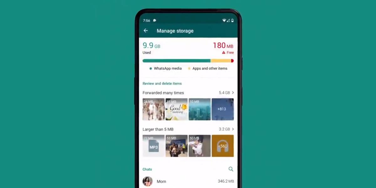 WhatsApp redesigned storage management tool on green background