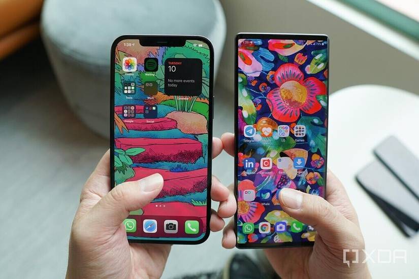 The iPhone 12 Pro Max and the LG Wing.