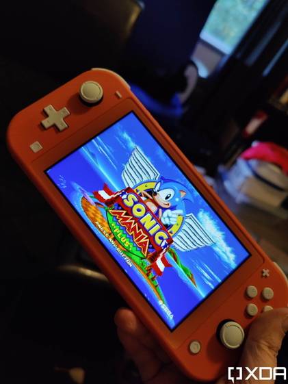 switch lite with Sonic Mania title screen