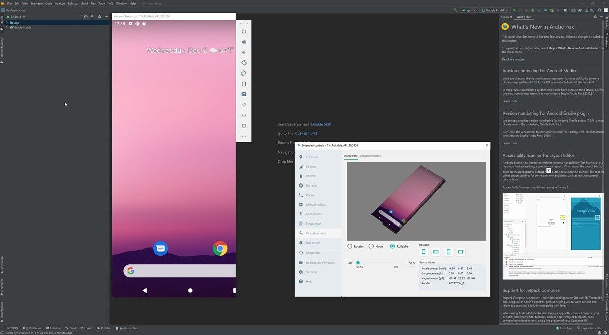 Android Studio Arctic Fox rollable phone emulator