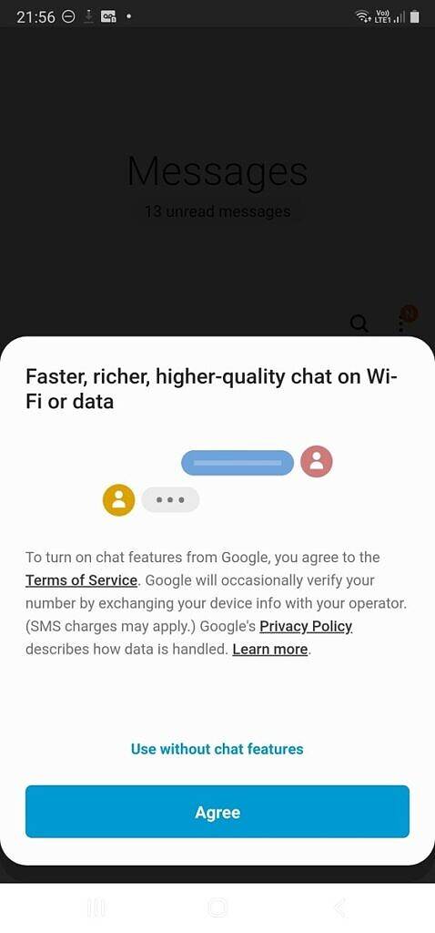 Google chat features dialog in Samsung Messages