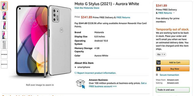 Leaked Amazon listing Moto G Stylus 2021 Aurora White