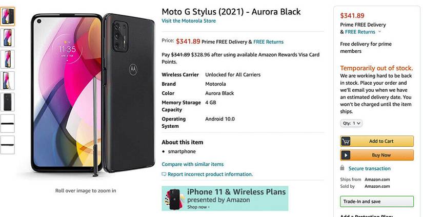 Leaked Amazon listing Moto G Stylus 2021 Aurora Black