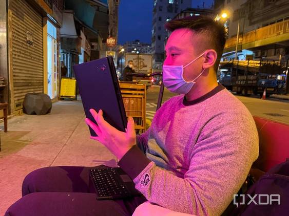 Using the Lenovo ThinkPad X1 Fold in book form.