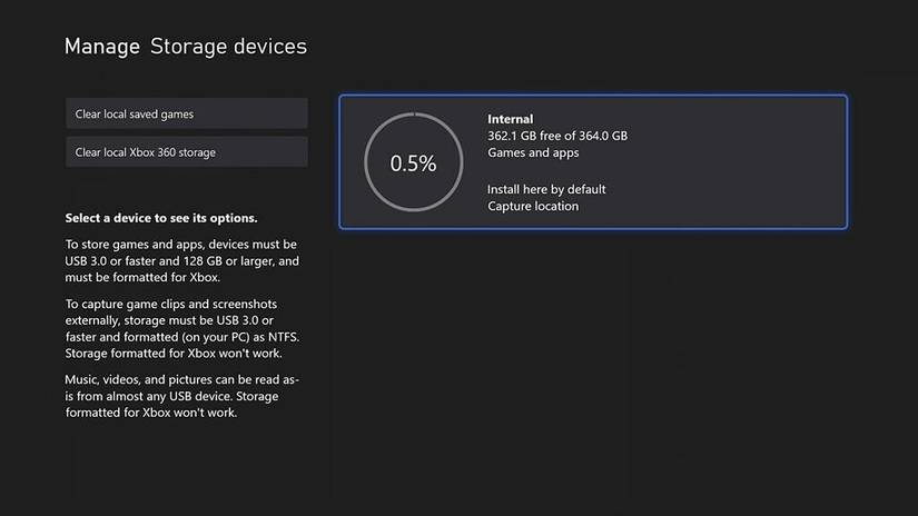 xbox series s storage info page