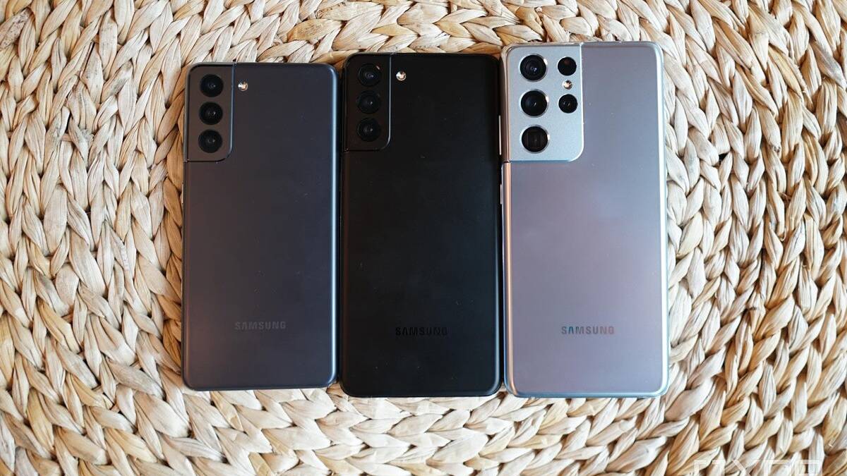 Samsung Galaxy S21 series on a wicker table