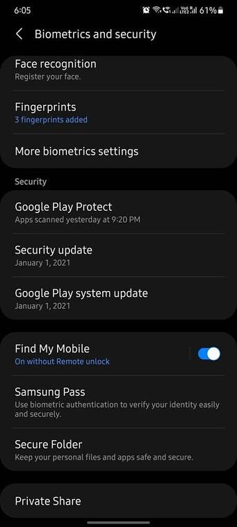 Private Share option in One UI 3.1 settings