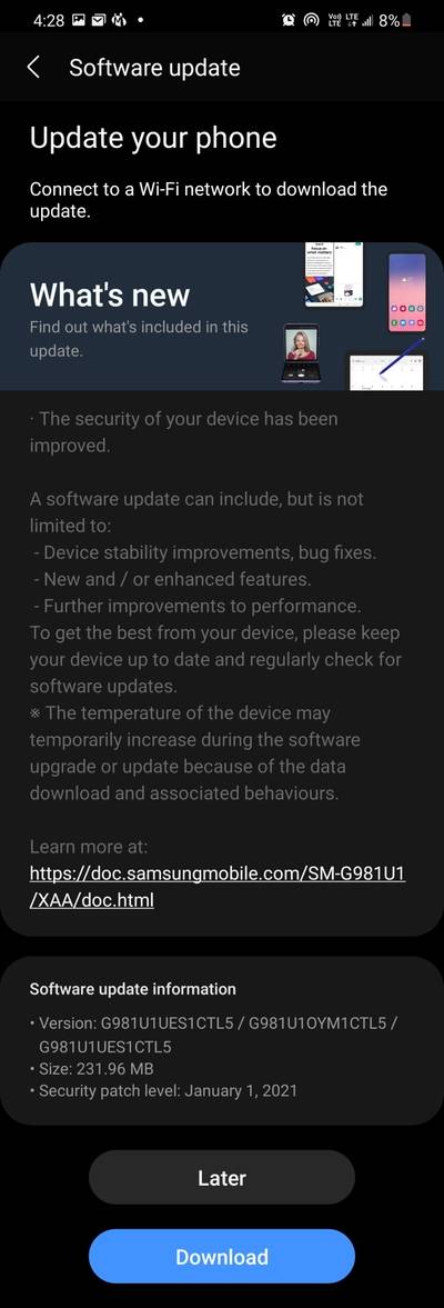 Samsung Galaxy S20 January 2021 Android Security Patch