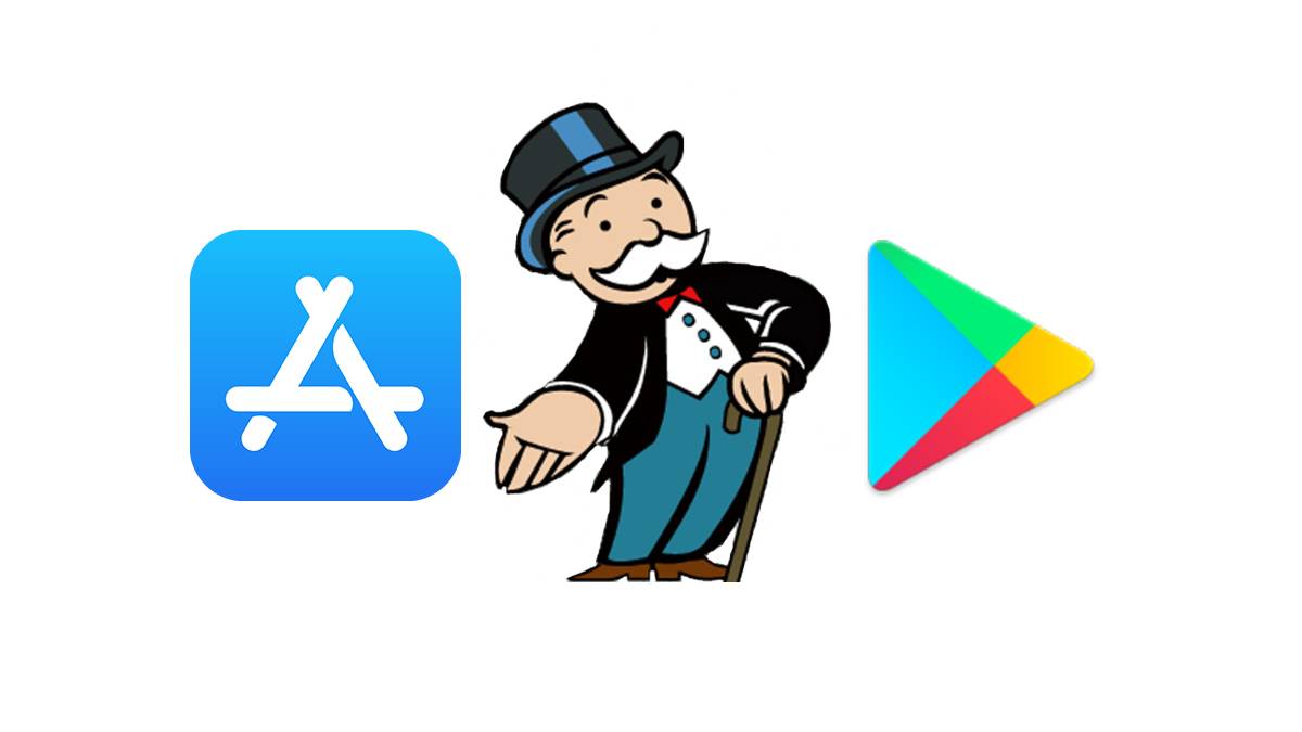 Apple App Store and Google Play Store Monopoly Man