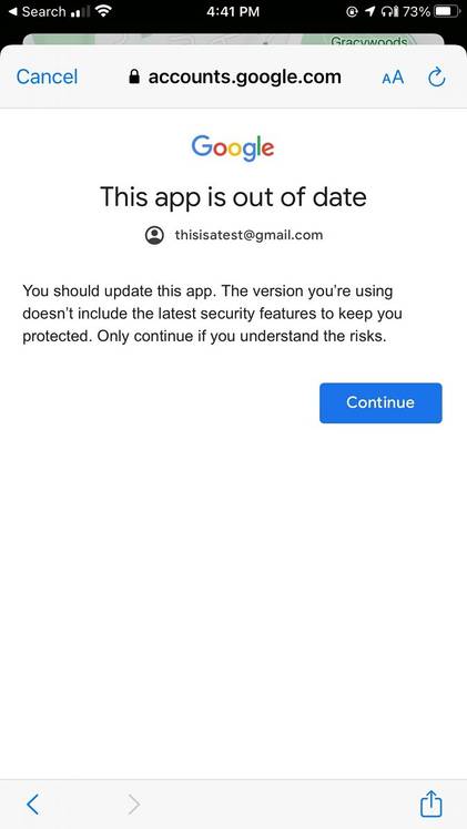 Google app showing out of date warning