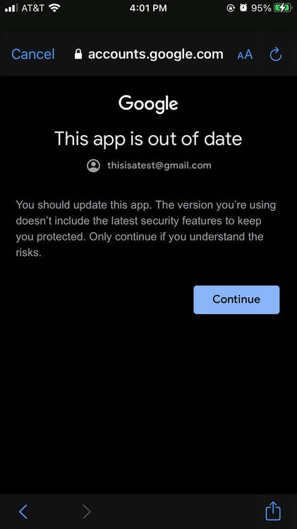 Google app showing out of date warning