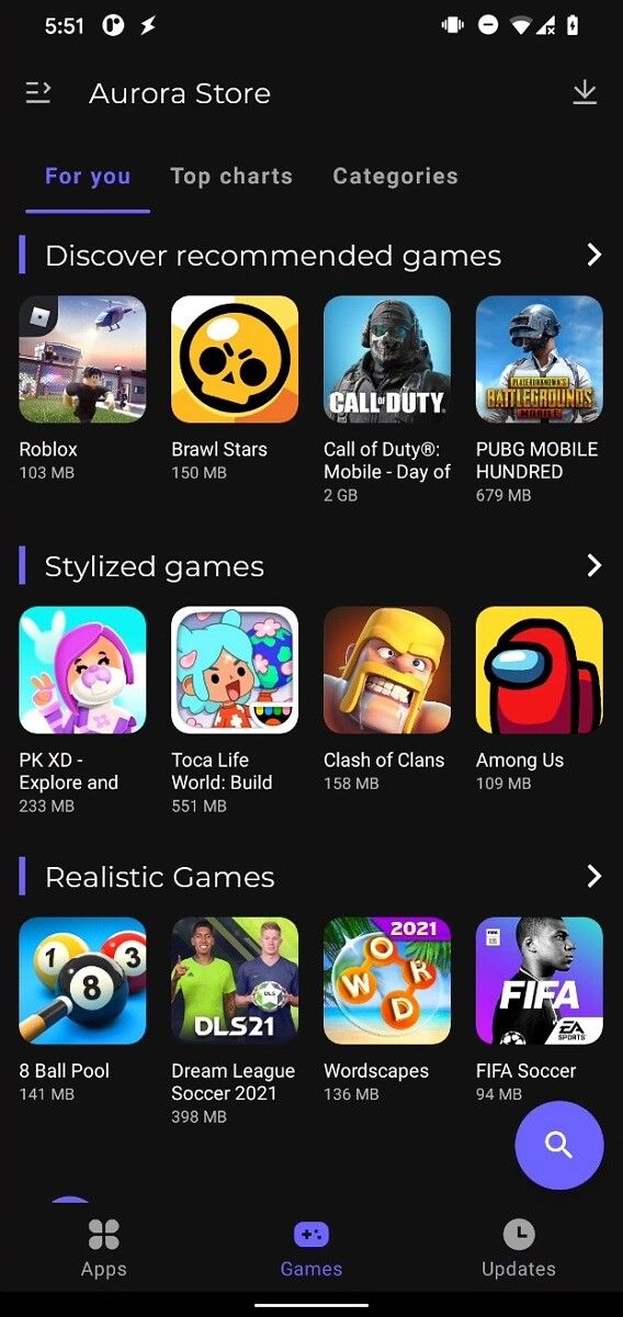 Aurora Store - Games section