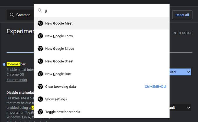 Chrome Commander shorcuts