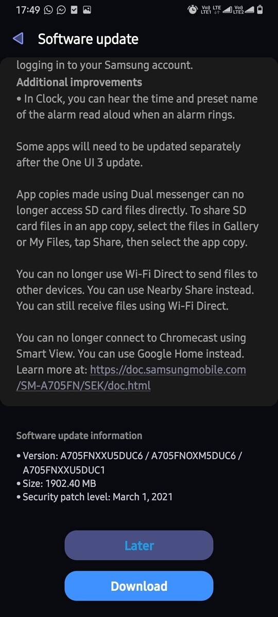 Samsung Galaxy A70 receives stable Android 11 update with One UI 3.1