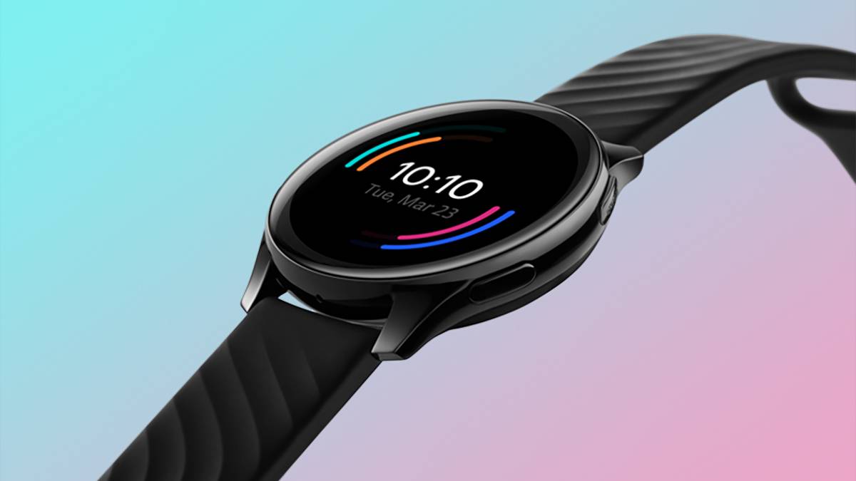 OnePlus Watch on blue and pink gradient background