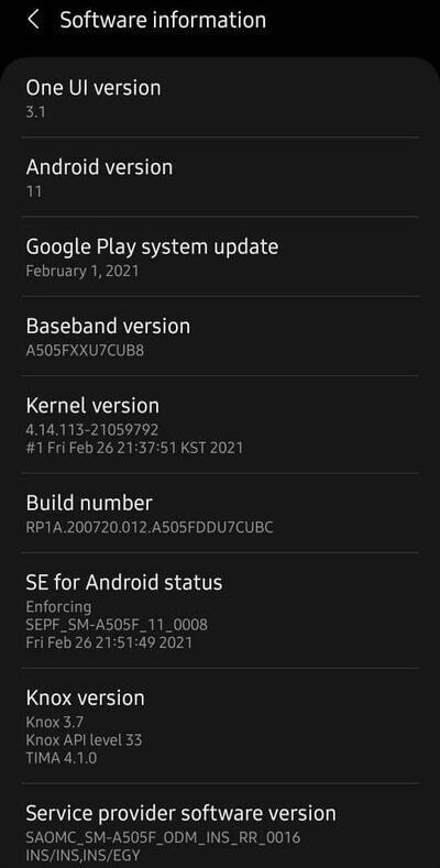 Samsung Galaxy A50 Android 11 One UI 3.1 About
