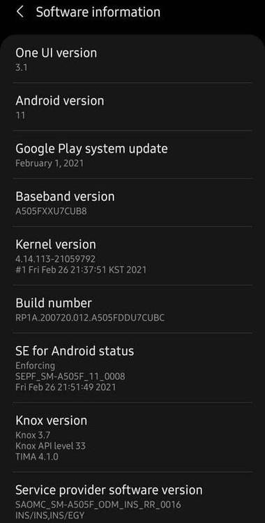 Samsung Galaxy A50 Android 11 One UI 3.1 About