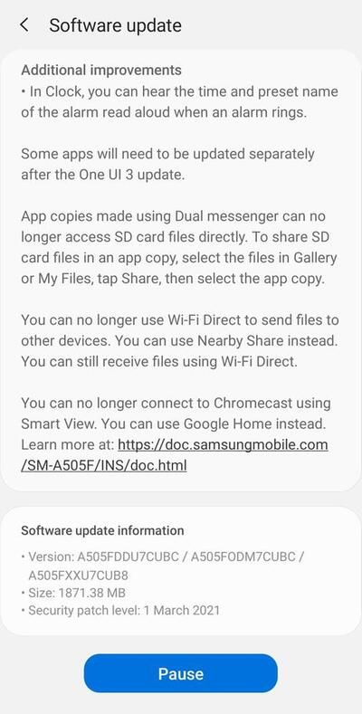 Samsung Galaxy A50 Android 11 One UI 3.1 OTA