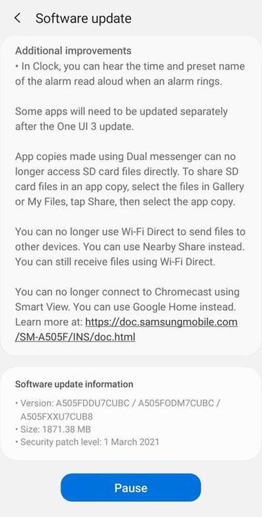 Samsung Galaxy A50 Android 11 One UI 3.1 OTA