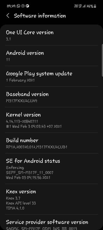 Samsung Galaxy M31s One UI 3.1 OTA About