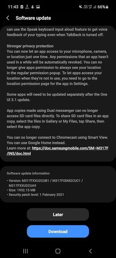 Samsung Galaxy M31s One UI 3.1 OTA 2