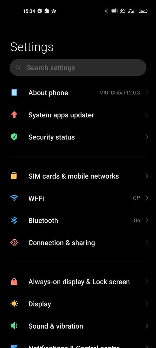 MIUI 12 settings menu