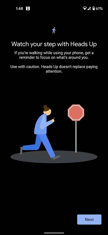 Digital Wellbeing Heads Up feature setup screen with description and Next button