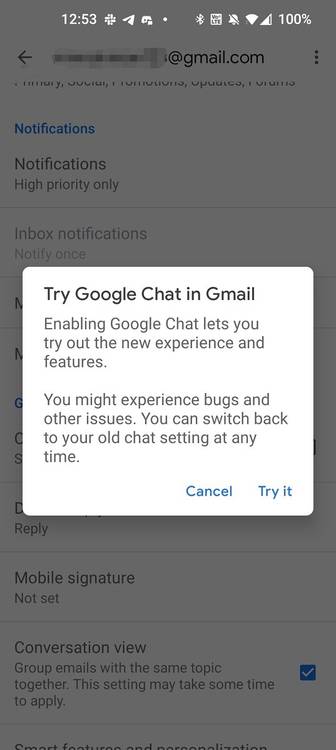 Google Chat in Gmail pop-up