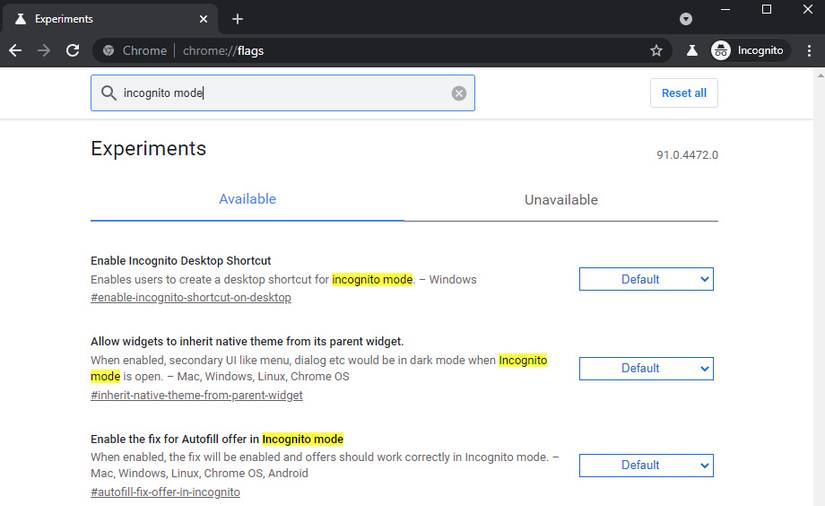 Chrome experimental flags for incognito mode