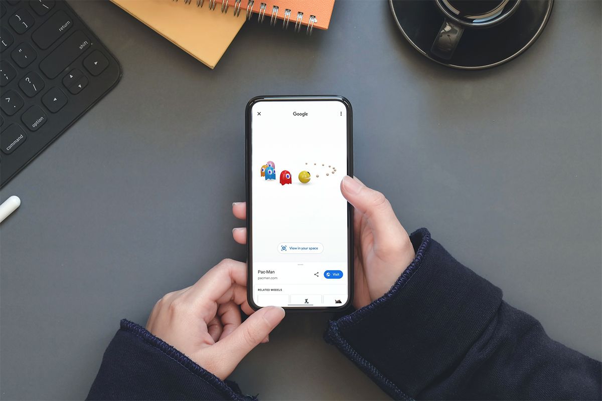 Pac-Man Google Search AR experience on a mockup device