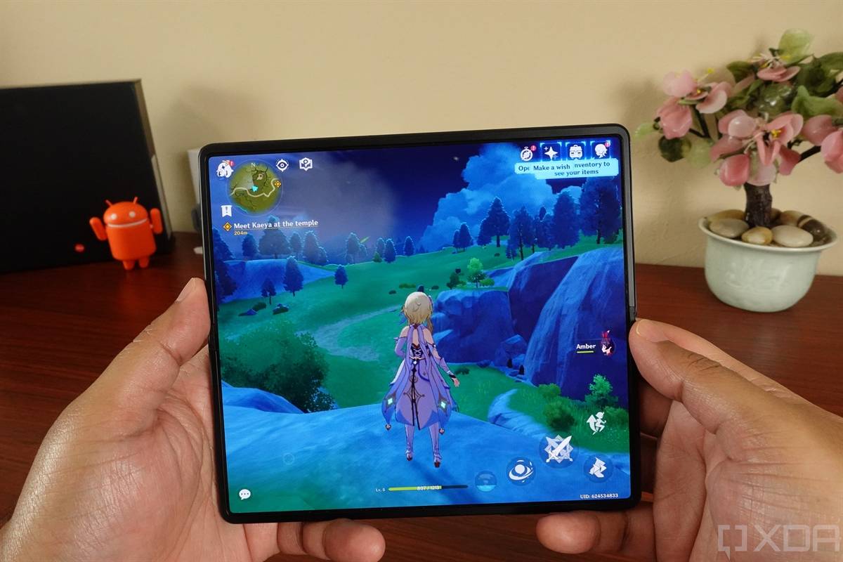Huawei Mate X2 unfolded and running Genshin Impact.