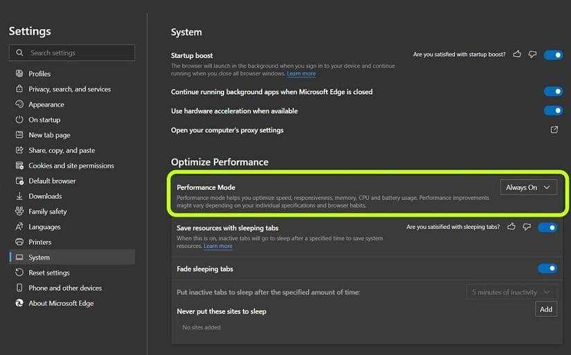 Microsoft Edge's Performance Mode optimizes CPU, RAM, and battery
