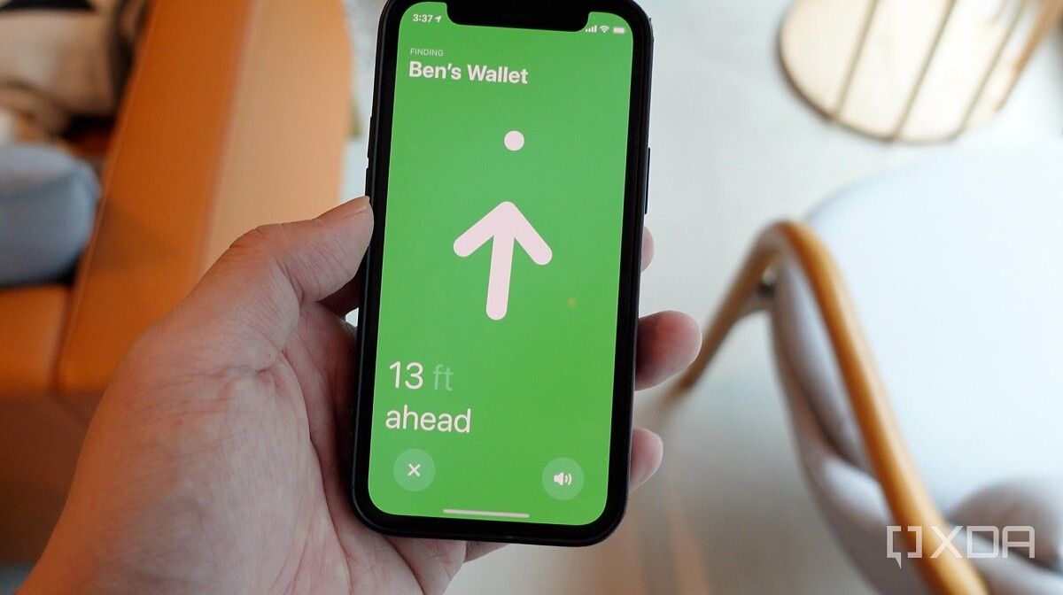 An iPhone 12 Mini locating an AirTag via Apple's Find My app