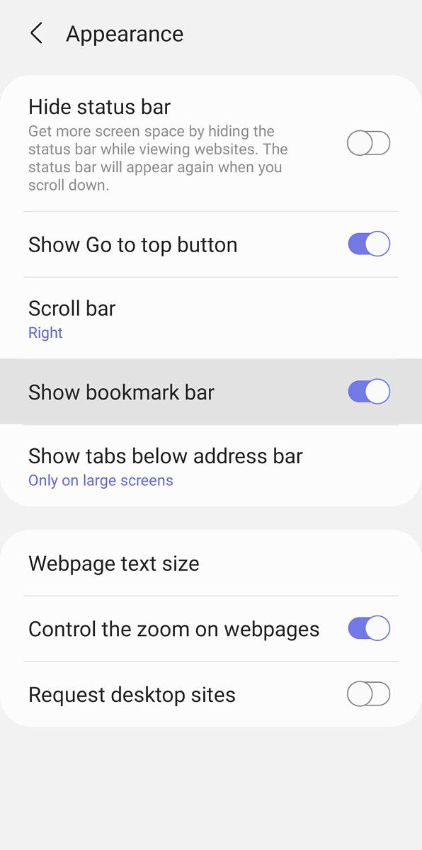 Samsung Internet settings