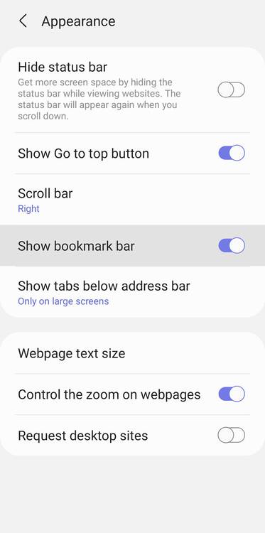 Samsung Internet settings