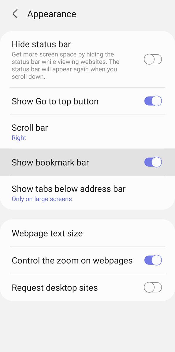 Samsung Internet settings